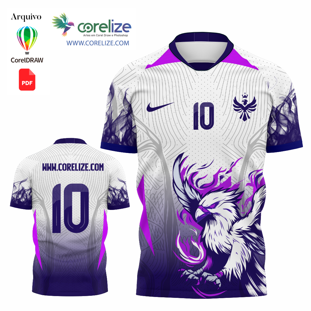 Arte Fenix Roxa Flamejante   futebol para sublimação de camiseta