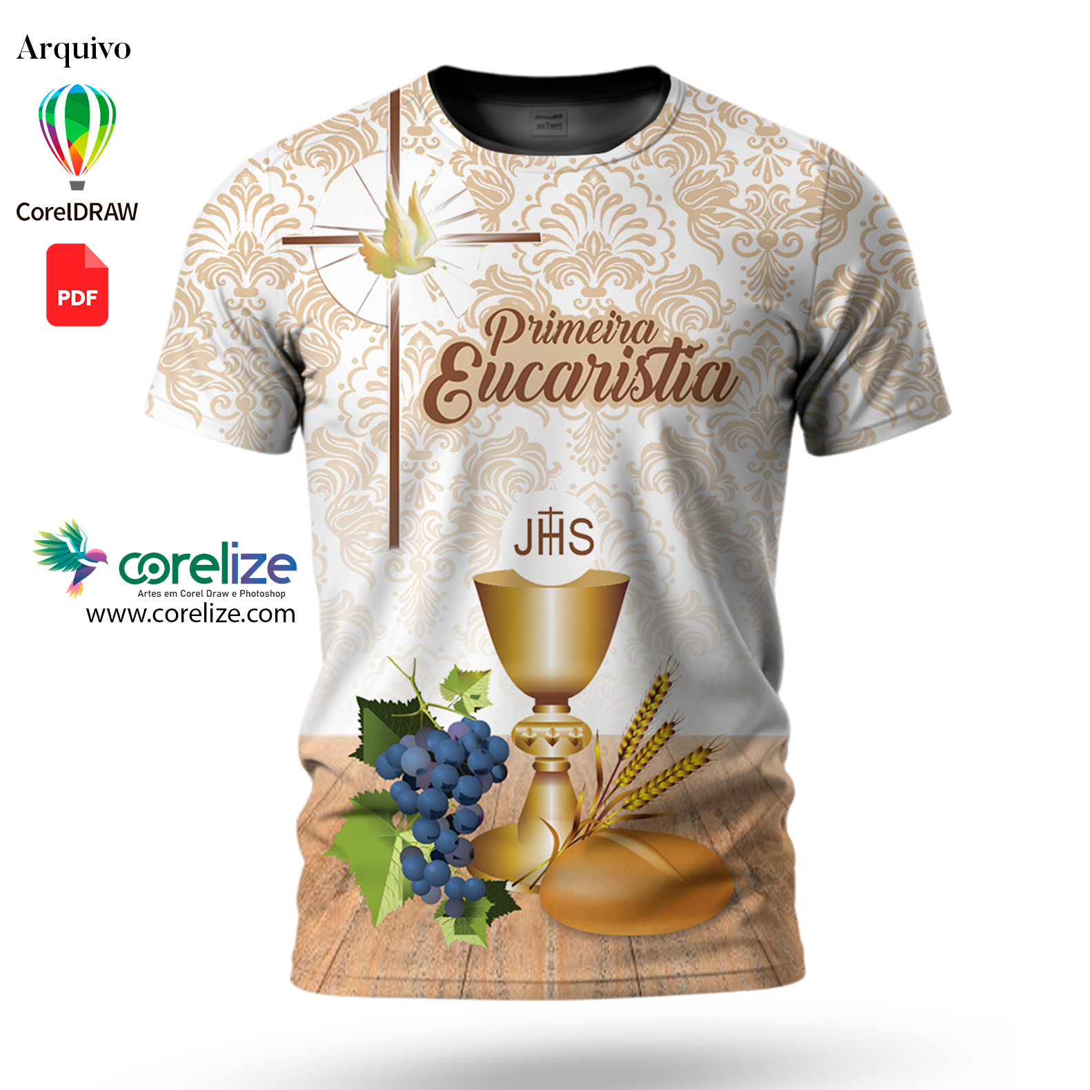 Arte Primeira Eucaristia dourado  02 para sublimação de camiseta