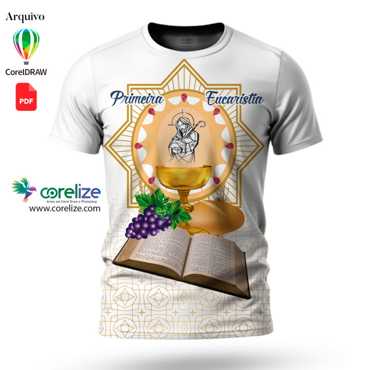 Arte Primeira Eucaristia dourado 05 para sublimação de camiseta
