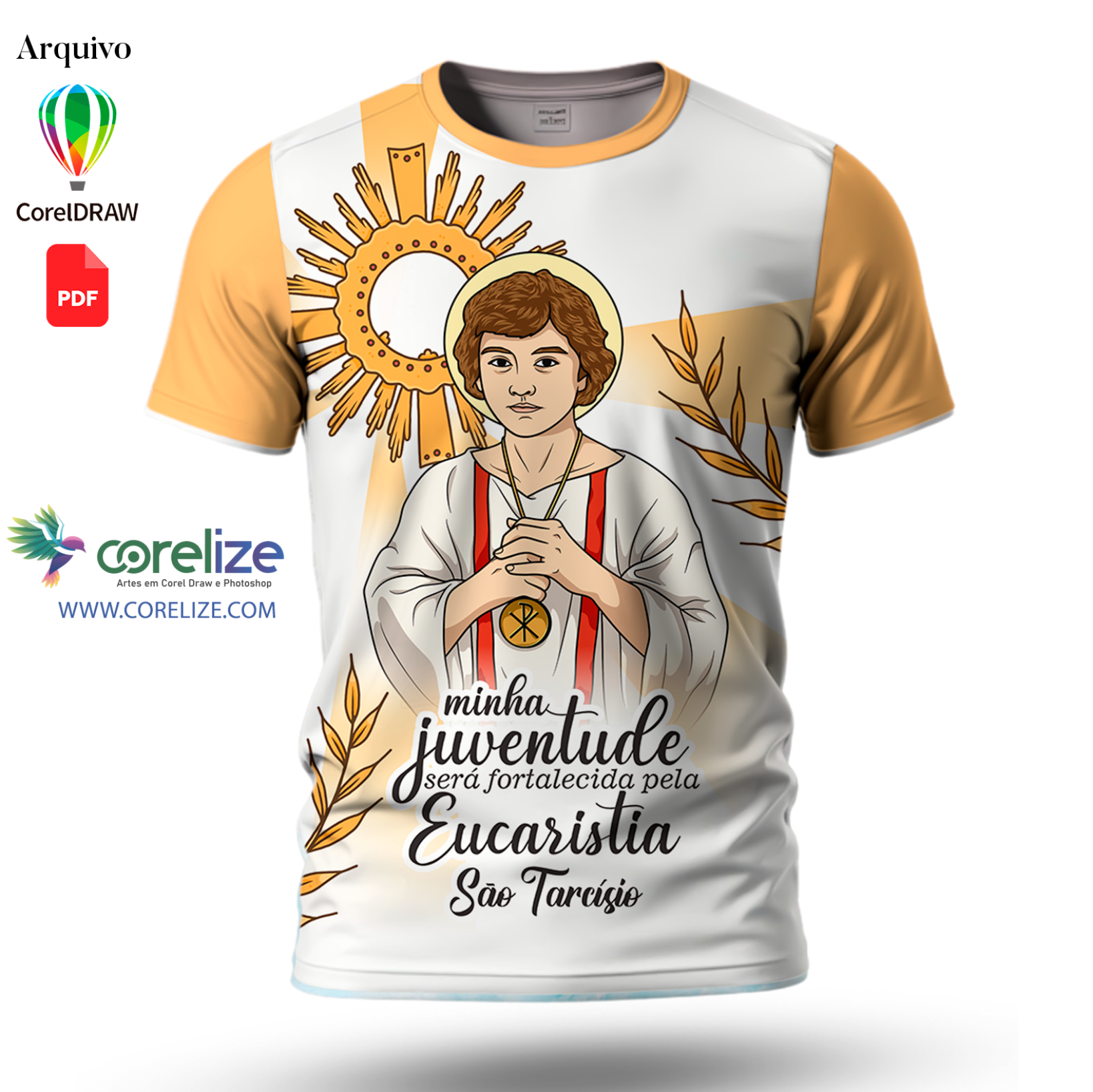 Arte Primeira Eucaristia dourado 05 para sublimação de camiseta