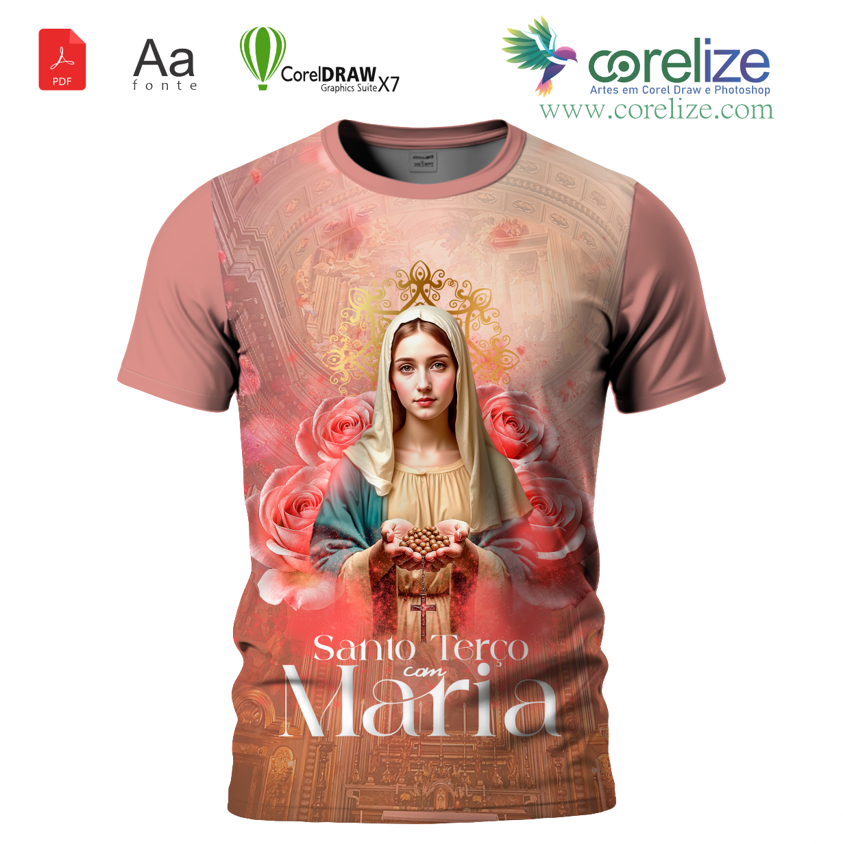 Arte Terço com Maria  para sublimação de camiseta