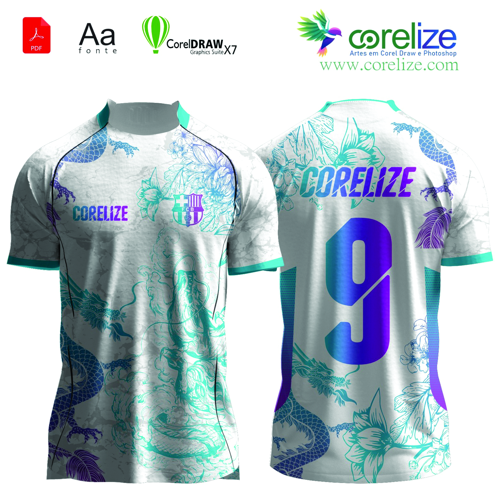 Arte Dragão Floral Rosa e Azul futebol para sublimação de camiseta