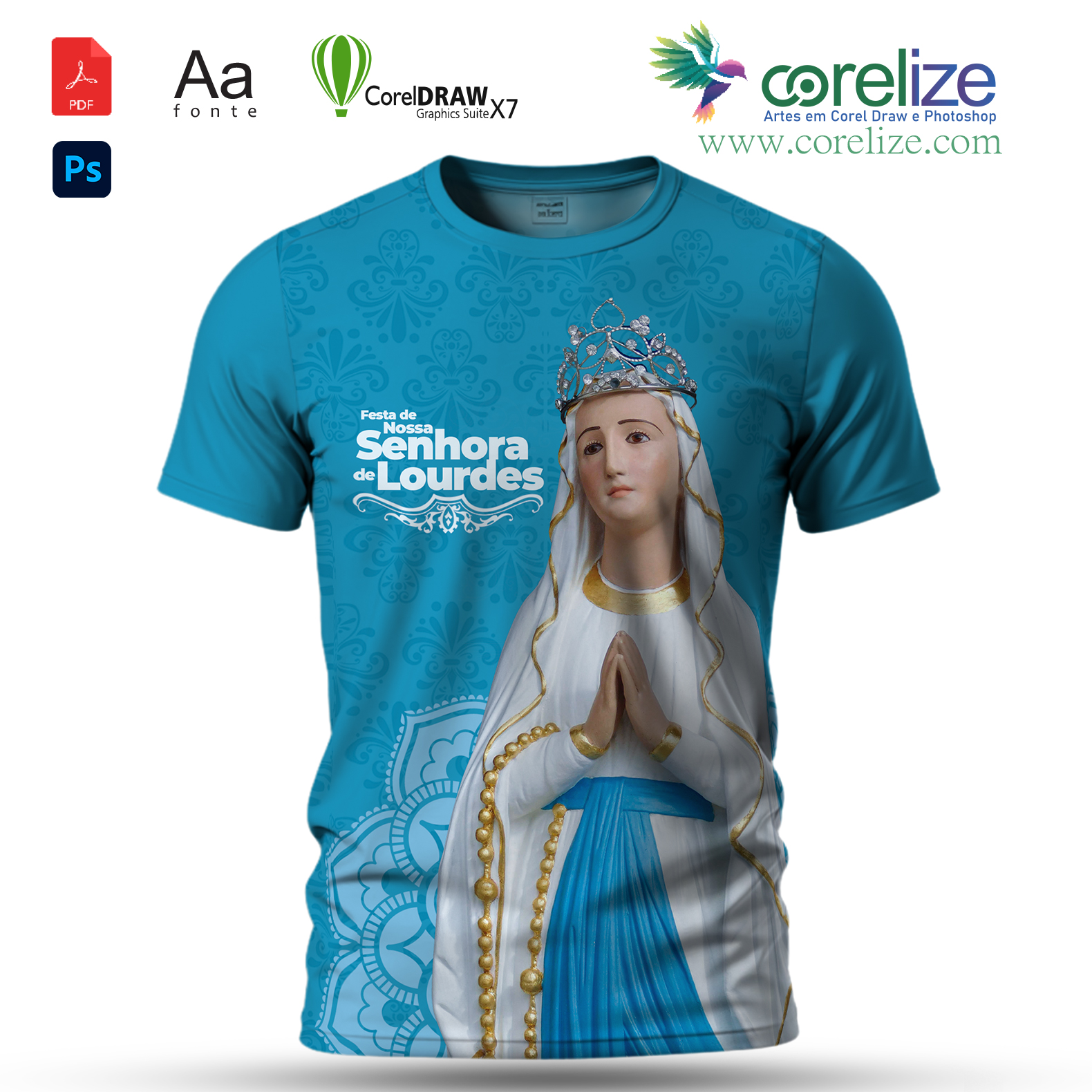 Arte: Arte Nossa Senhora de Lourdes para sublimação de camiseta